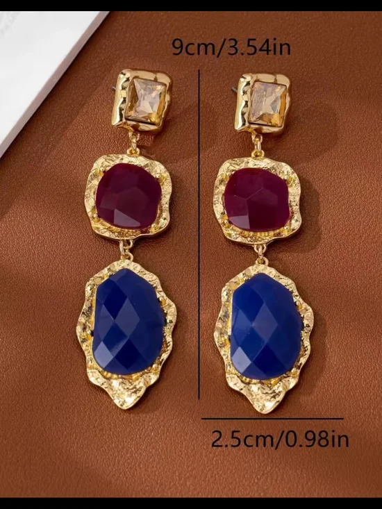 Gold-Tone Earrings with Purple & Blue Stones - Picture 5 of 6